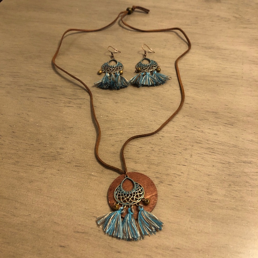Bohemian Teal Blue and Brown Tassel Necklace and Earring Set
